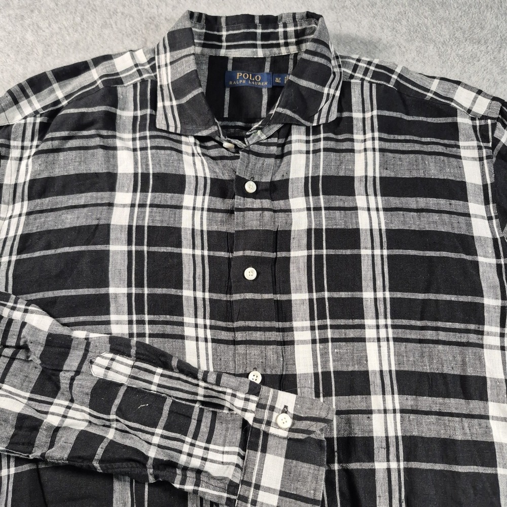 Polo Ralph Lauren Mens XLT Big & Tall Black Plaid Linen Woven Button-Up Shirt